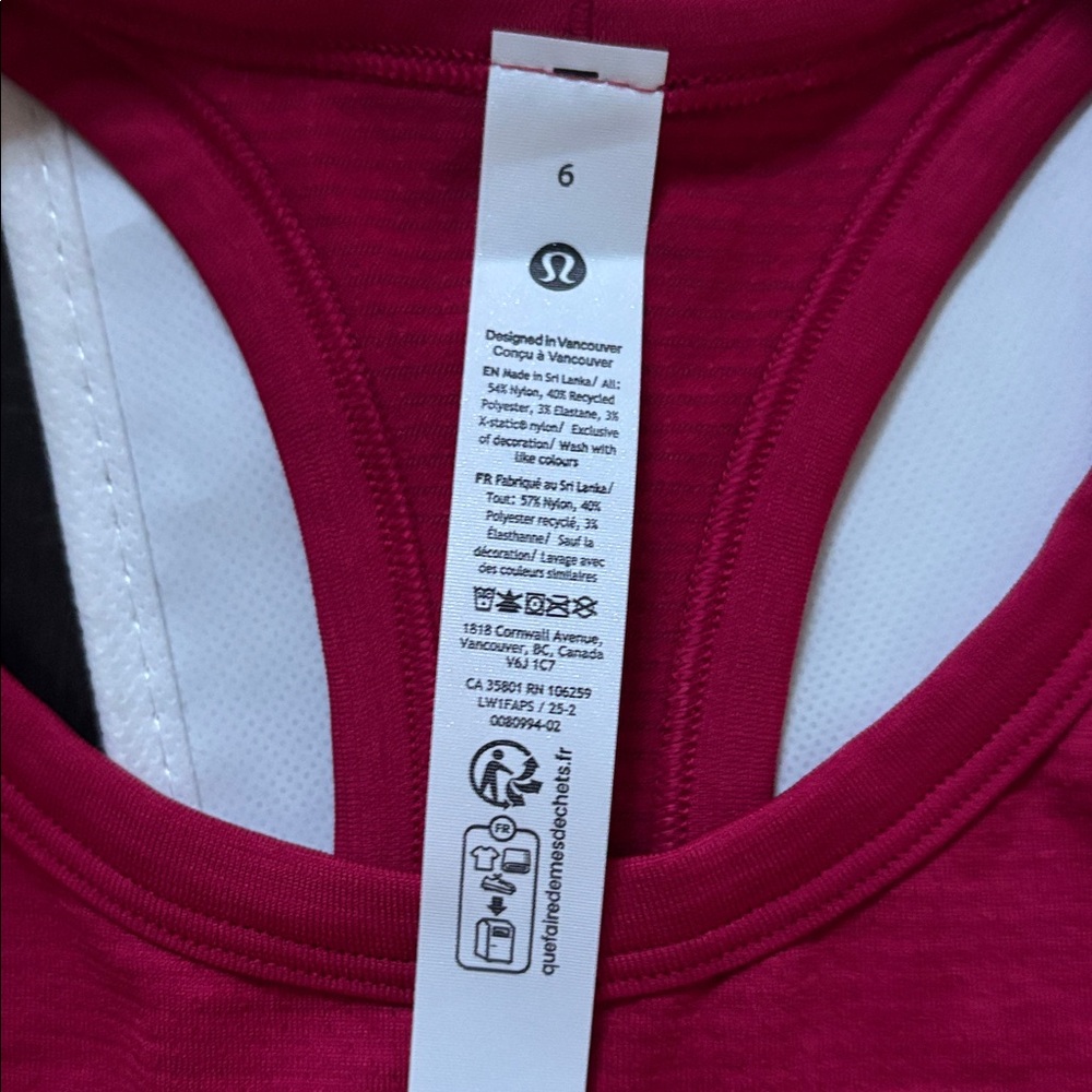 LULULEMON SWIFTLY TECH CROPPED RACERBACK TANK 2.0 in PINK DRAGONFRUIT SZ 6 NWT - Picture 6 of 6